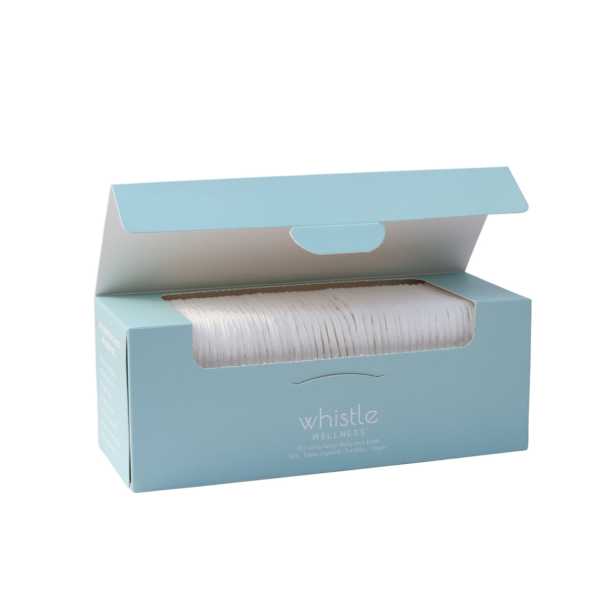 Whistle Wellness 60-count triple-layer cotton face pads in an open blue box