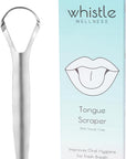 Whistle Wellness stainless-steel tongue scraper beside its blue packaging