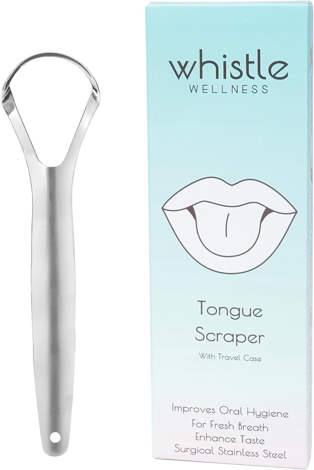 Whistle Wellness stainless-steel tongue scraper beside its blue packaging
