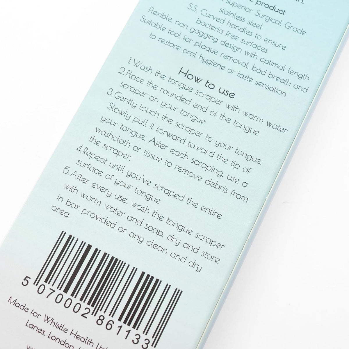 Whistle tongue scraper packaging with use and care instructions
